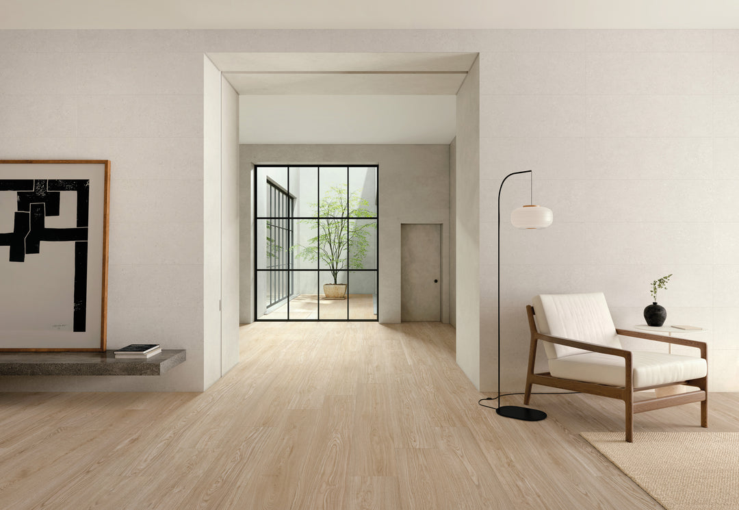 A sophisticated and organic look with Grainier Maple 10X60 Matte Porcelain, adding warmth and character.