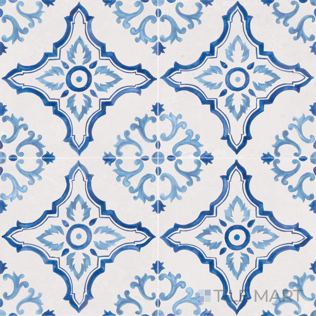 Top-down perspective of Mestral Cross 9X9 Matte Porcelain, featuring intricate cross-shaped motifs in a subdued matte texture, adding artistic flair.