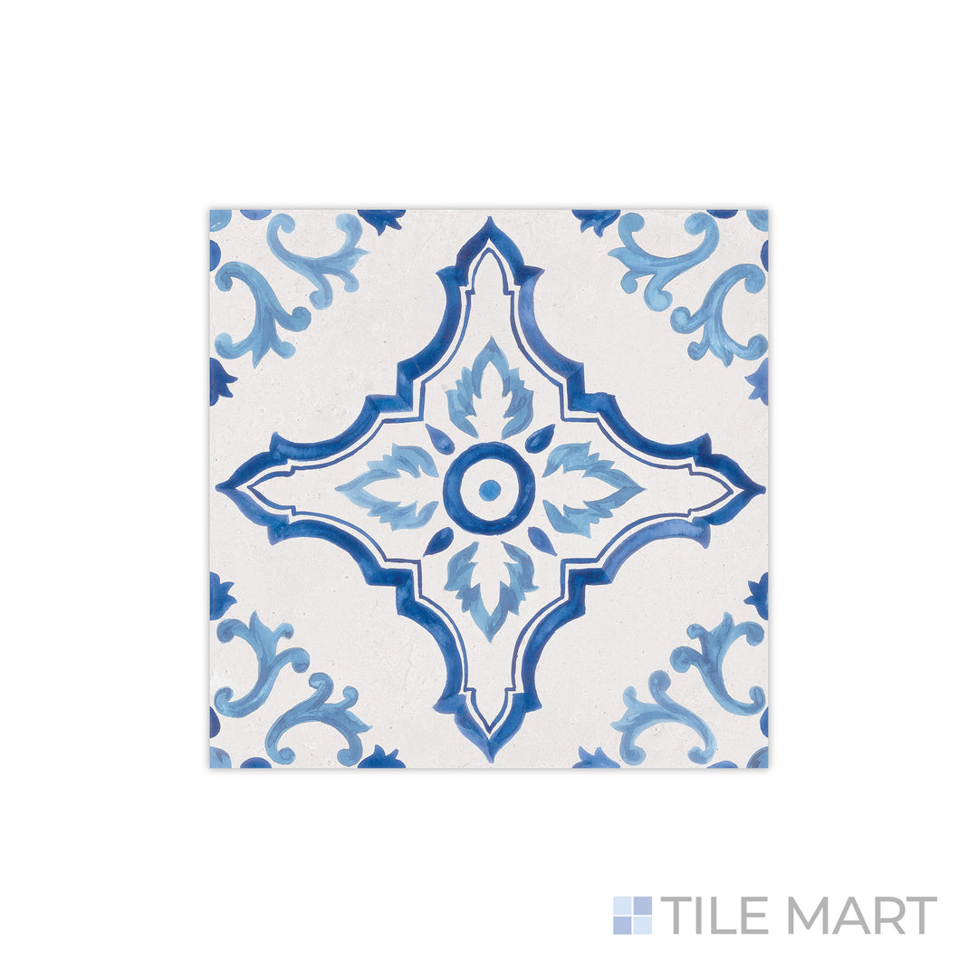 From a close-up angle, the bold geometric pattern of Mestral Cross 9x9 matte porcelain tile is highlighted, showcasing its sharp design and soft matte finish.
