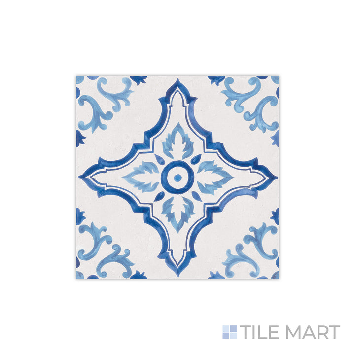 From a close-up angle, the bold geometric pattern of Mestral Cross 9x9 matte porcelain tile is highlighted, showcasing its sharp design and soft matte finish.