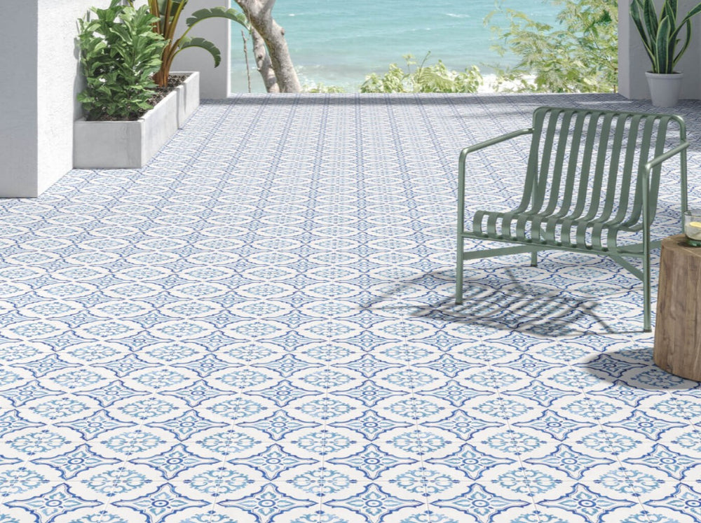 Roomscene with Mestral Cross 9X9 Matte Porcelain, displaying geometric symmetry for a sophisticated and structured ambiance.