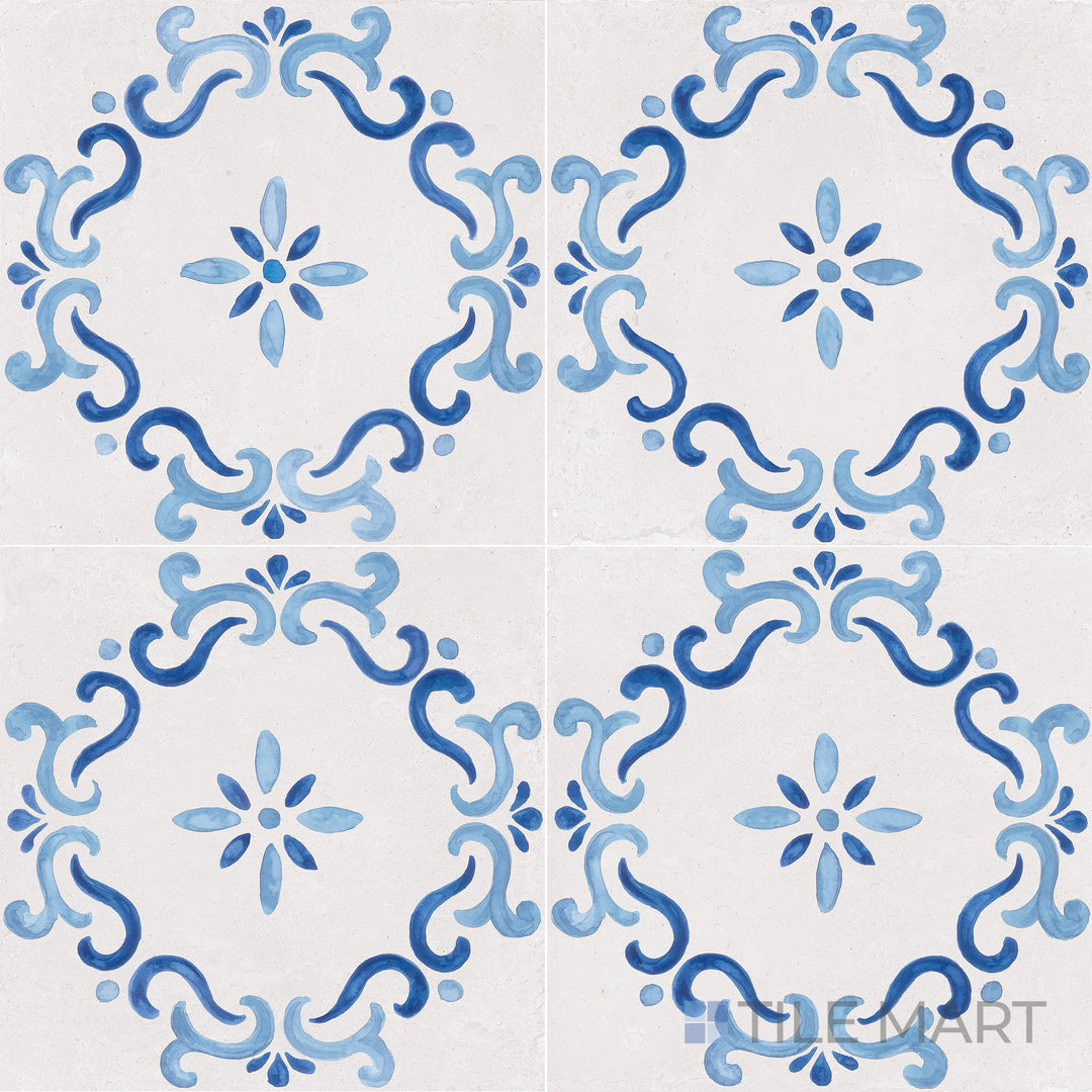 Overhead view of Mestral Flower 9X9 Matte Porcelain, showcasing delicate floral detailing with a muted matte texture, bringing vintage charm.