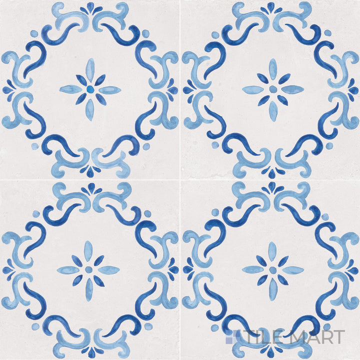 Overhead view of Mestral Flower 9X9 Matte Porcelain, showcasing delicate floral detailing with a muted matte texture, bringing vintage charm.