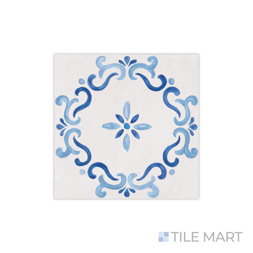 A subtle floral detail stands out in this close-up of Mestral Flower 9x9 matte porcelain tile, where its matte finish enhances the intricate design.