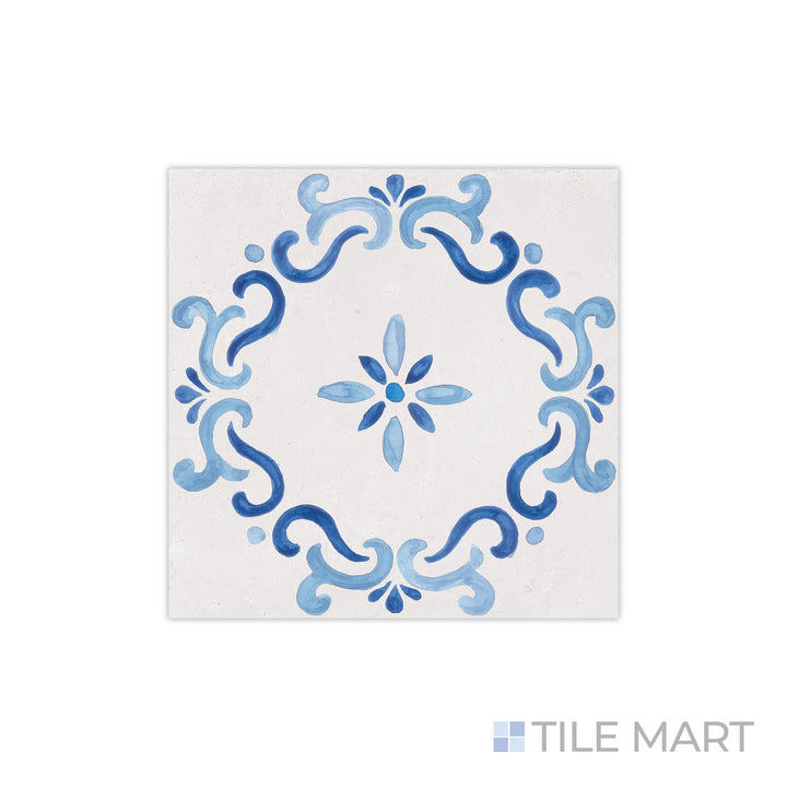 A subtle floral detail stands out in this close-up of Mestral Flower 9x9 matte porcelain tile, where its matte finish enhances the intricate design.