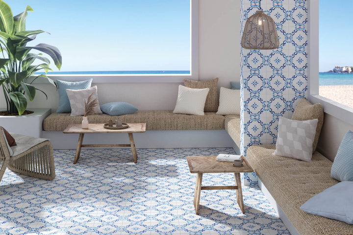 Roomscene capturing Mestral Flower 9X9 Matte Porcelain, offering a decorative and artistic touch with its delicate floral motifs.