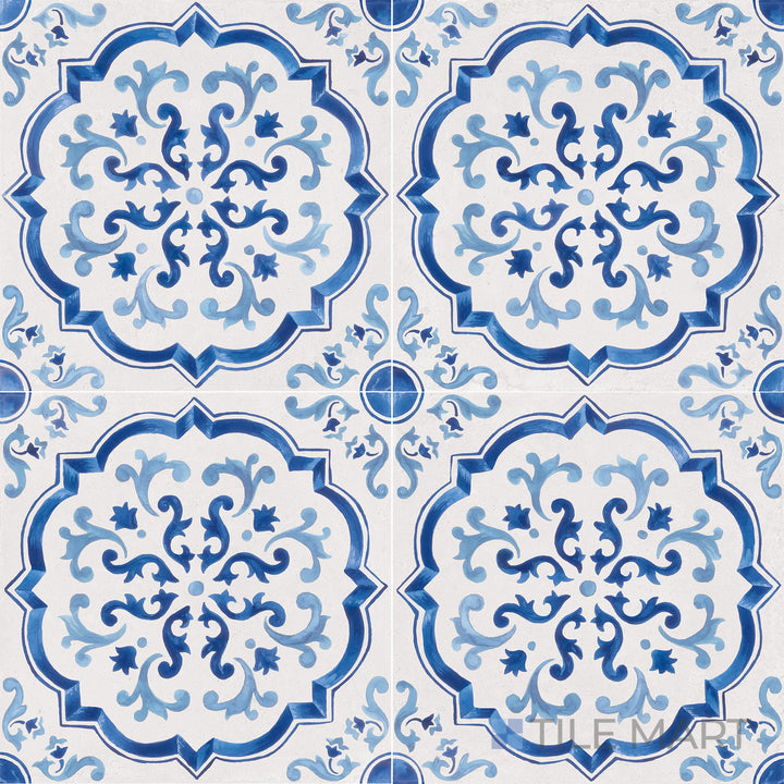 Flat-lay of Mestral Rosette 9X9 Matte Porcelain, a stylish tile with intricate rosette designs in a refined matte finish, adding decorative appeal.