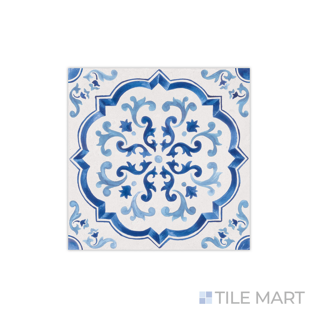 From a close-up perspective, the elegant rosette design of Mestral Rosette 9x9 matte porcelain tile is accentuated, revealing its delicate detailing and soft matte finish.