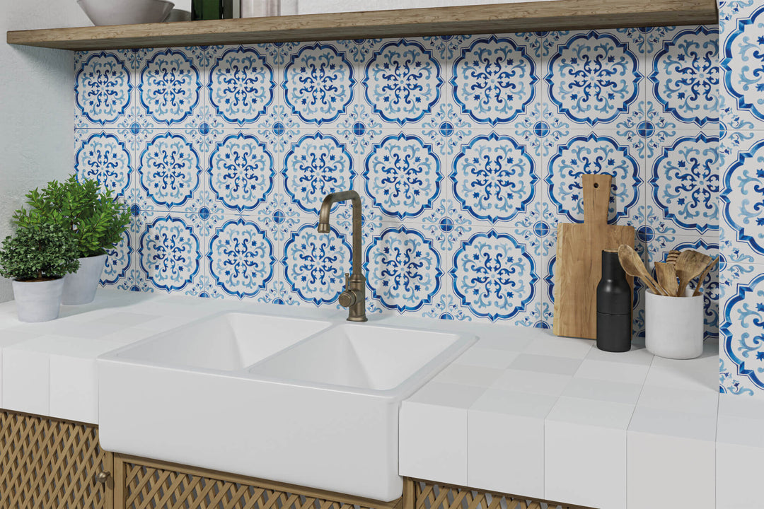 Roomscene showcasing Mestral Rosette 9X9 Matte Porcelain, an ornate and detailed design that elevates the atmosphere with classic elegance.