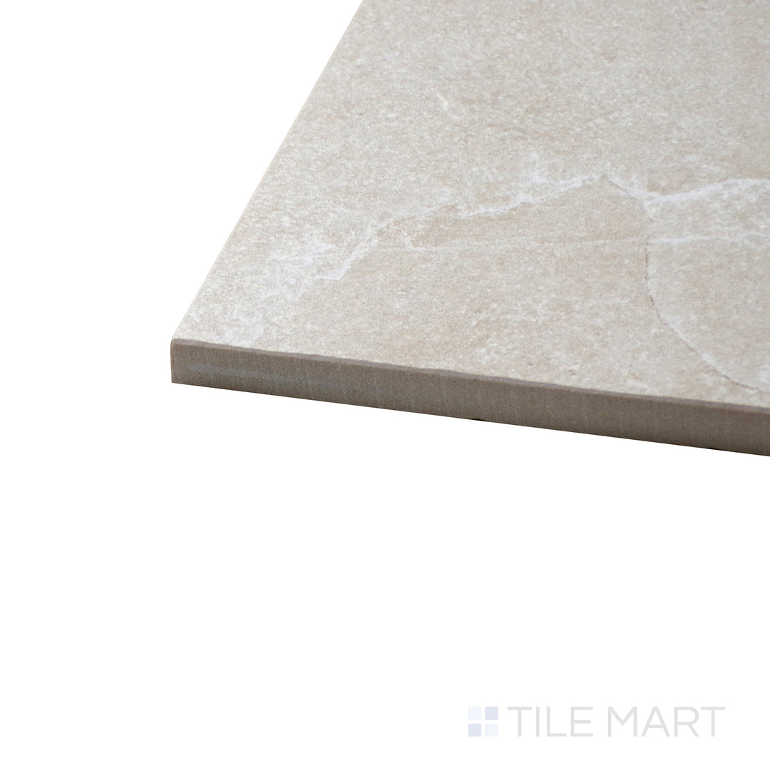 Close-up side view of Motley Monterey 12x24 matte porcelain tile, focusing on its sophisticated matte finish and how its straight edges meet at a distinct corner.