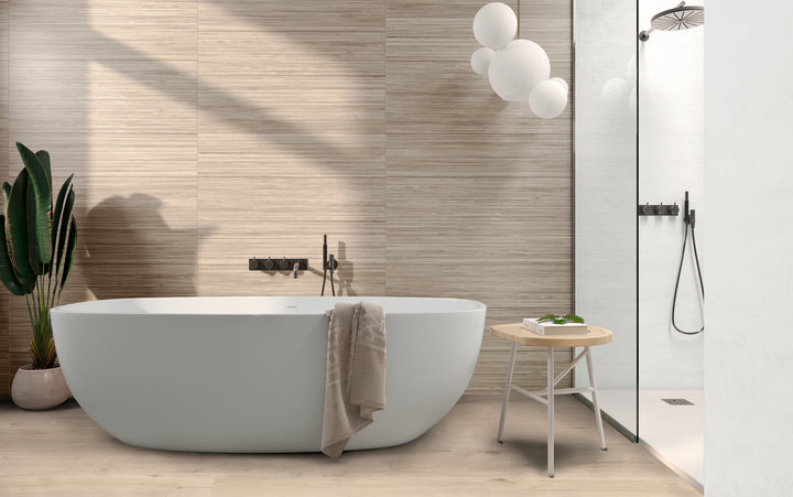 Roomscene featuring Ribbon Wood Camel 12.4X39.4 Matte Ceramic, showcasing warm wood tones for a timeless and inviting aesthetic.