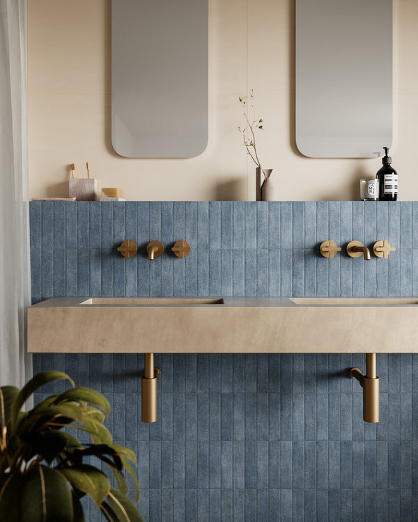 A bold yet refined presence that brings depth and elegance, highlighted by Tetris Blu 2X8 Matte Porcelain.