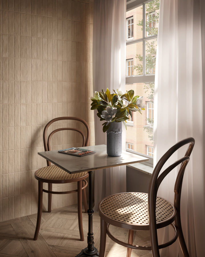 A warm and inviting atmosphere is effortlessly achieved with the subtle charm of Tetris Ecru 2X8 Matte Porcelain.