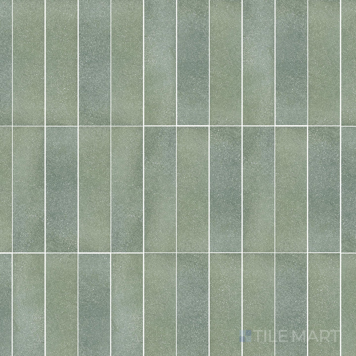 Flat-lay of Tetris Muschio 2X8 Matte Porcelain, a green-toned matte tile inspired by natural moss shades, adding organic charm to any space.