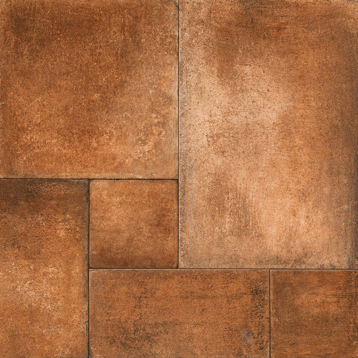 Top-down view of Valdorcia Cotto Versailles Pattern Matte Porcelain, a warm, rustic tile featuring an intricate Versailles pattern for a classic European touch.