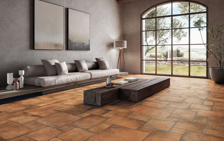 A rustic-inspired Versailles pattern with warm, earthy tones delivers timeless elegance, seamlessly integrating with Valdorcia Cotto Versailles Pattern Matte Porcelain.