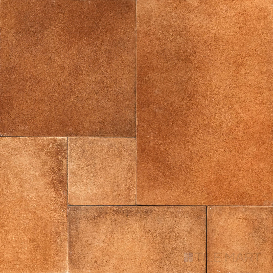 Overhead shot of Valdorcia Terracotta Versailles Pattern Matte Porcelain, showcasing deep earthy hues in a timeless Versailles pattern for elegant interiors.