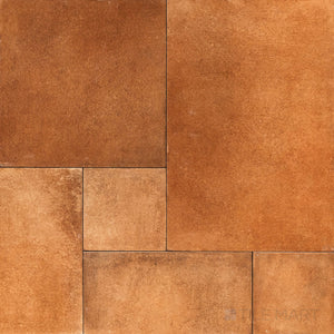 Overhead shot of Valdorcia Terracotta Versailles Pattern Matte Porcelain, showcasing deep earthy hues in a timeless Versailles pattern for elegant interiors.