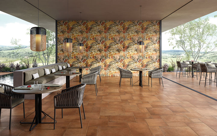 A rich terracotta hue in a traditional Versailles pattern evokes rustic charm, enhancing interiors with Valdorcia Terracotta Versailles Pattern Matte Porcelain.