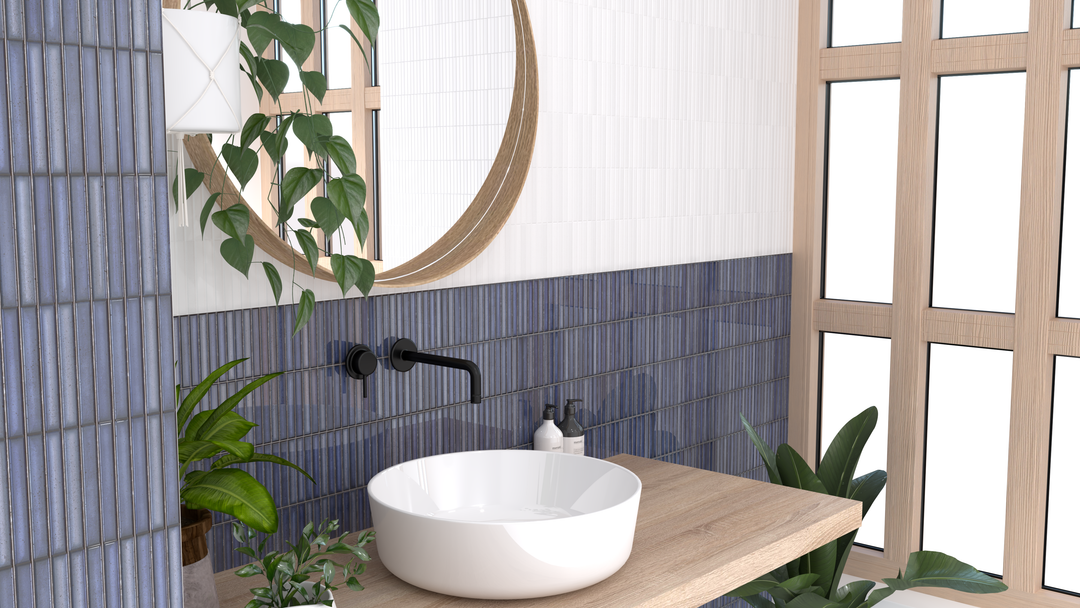 An elegant interior featuring Karatsu Midnight 4.5X9 Matte Porcelain, with its deep, rich tones creating a striking contrast against light furnishings.