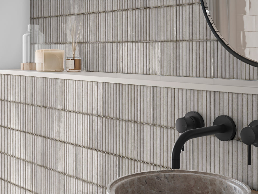 A soft and contemporary look that brings understated charm, complemented by Karatsu Chalky 4.5X9 Matte Porcelain.
