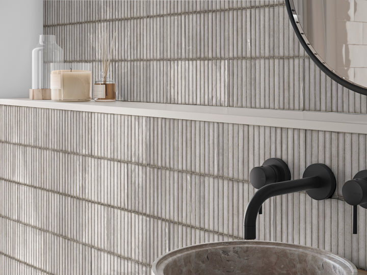 A soft and contemporary look that brings understated charm, complemented by Karatsu Chalky 4.5X9 Matte Porcelain.