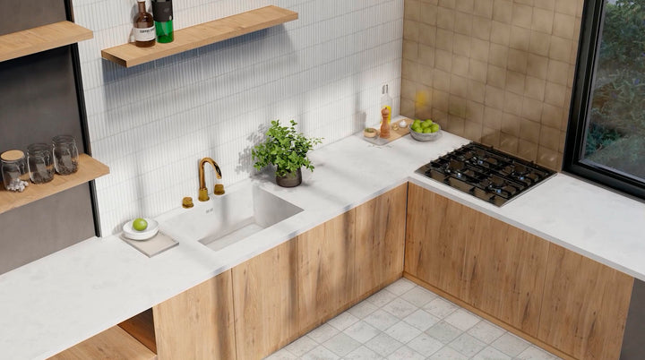 A bright and airy atmosphere achieved with Karatsu Polar 4.5X9 Matte Porcelain, reflecting natural light beautifully for a clean and timeless look.