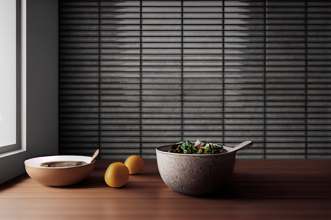 A rich and sophisticated tone creates a grounding effect, enhanced by Karatsu Charcoal 4.5X9 Matte Porcelain.