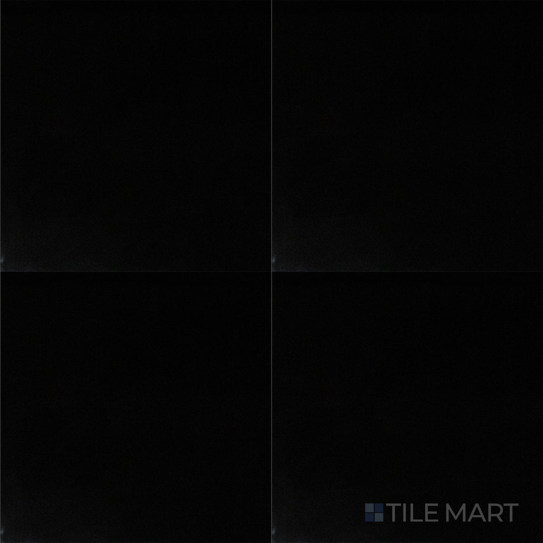 Top-down image of Pearl Super Black 24X24 Polished Porcelain, a sleek and dramatic black tile with a polished surface, reflecting light beautifully.