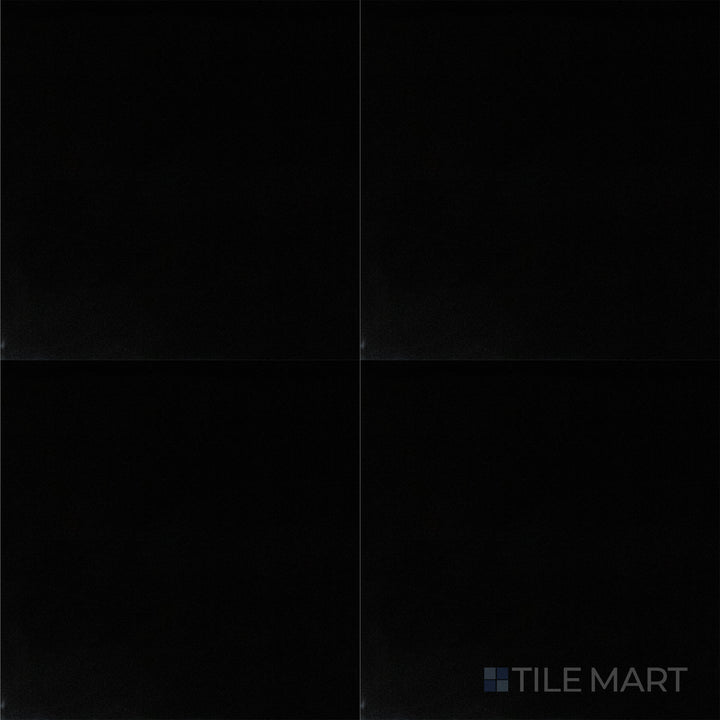 Top-down image of Pearl Super Black 24X24 Polished Porcelain, a sleek and dramatic black tile with a polished surface, reflecting light beautifully.