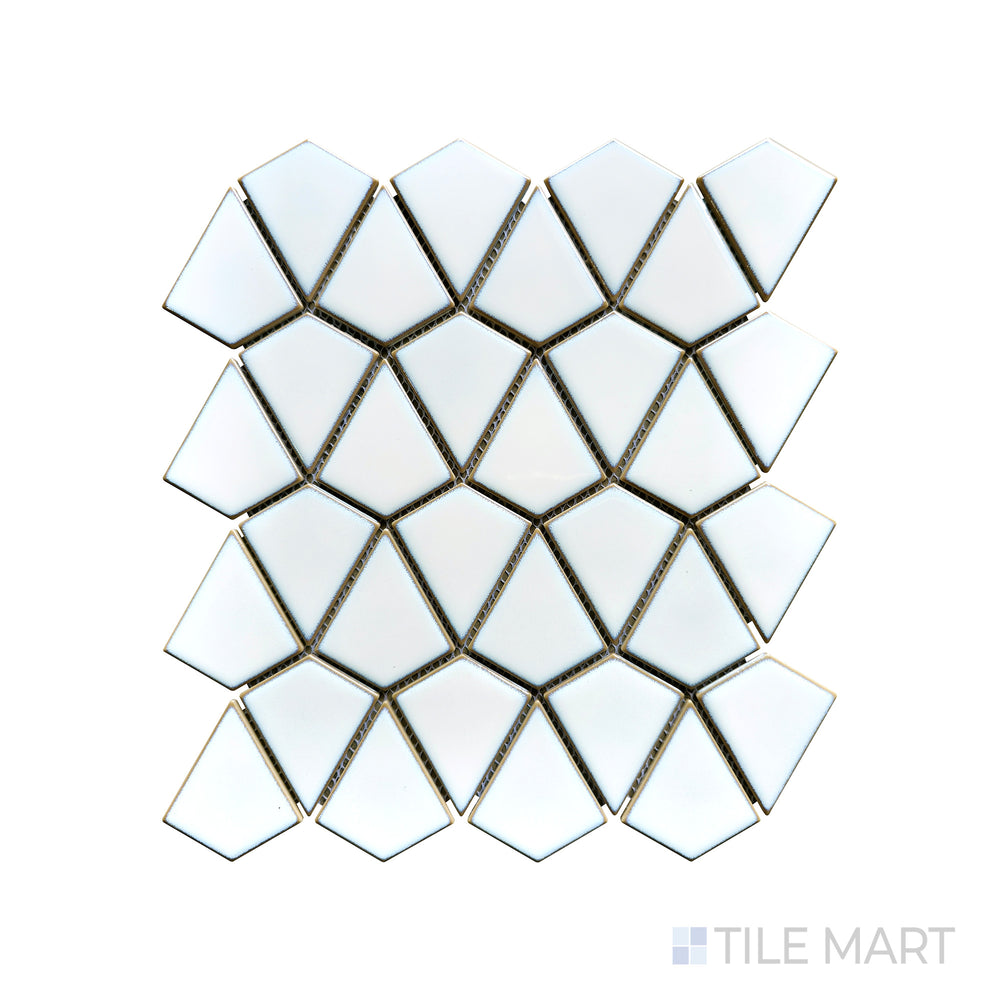 An intricate aged white dragonscale pattern with a velvety matte texture is magnified in this macro shot of Porcelain Glazed Mosaics Aged White Dragonscale matte tile.