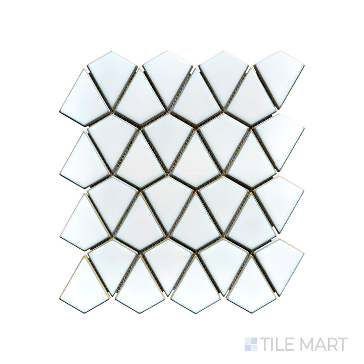 An intricate aged white dragonscale pattern with a velvety matte texture is magnified in this macro shot of Porcelain Glazed Mosaics Aged White Dragonscale matte tile.