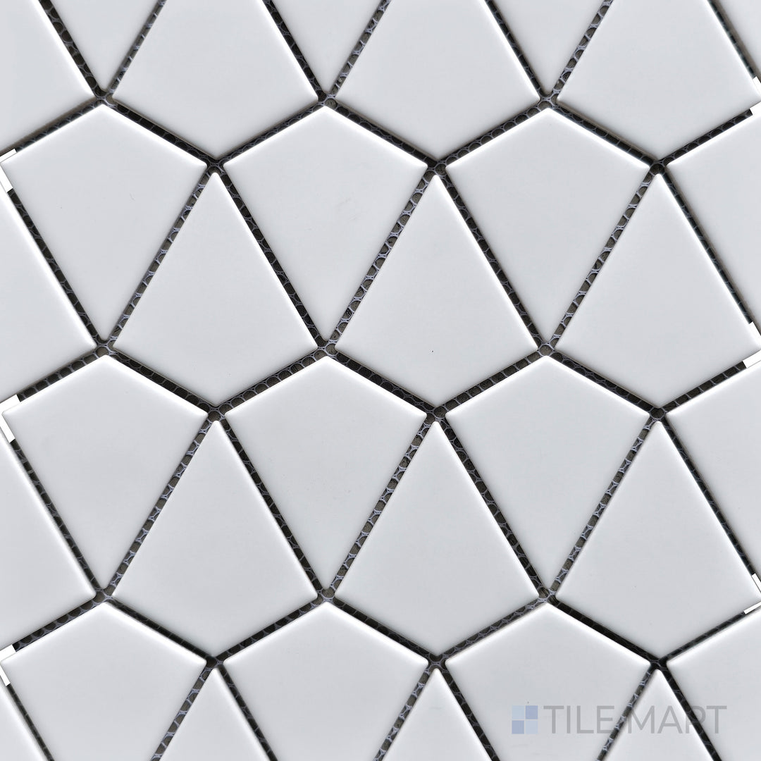 Flat-lay of Porcelain Glazed Mosaics White Dragonscale Matte, a crisp white mosaic tile with an intricate dragonscale design, adding a touch of elegance.