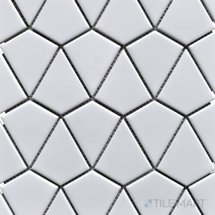 Flat-lay of Porcelain Glazed Mosaics White Dragonscale Matte, a crisp white mosaic tile with an intricate dragonscale design, adding a touch of elegance.
