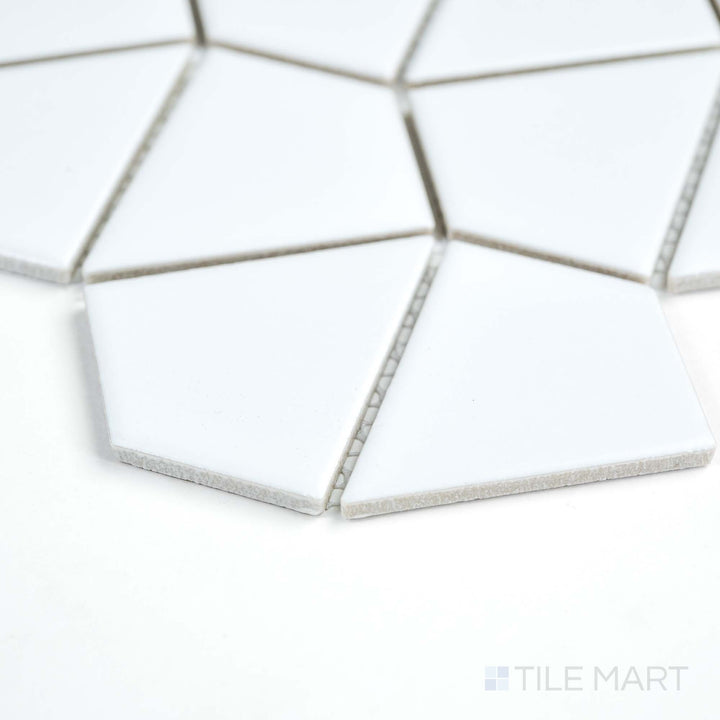 Seen from the side, this white Dragonscale mosaic tile showcases delicate porcelain scales with a matte sheen.