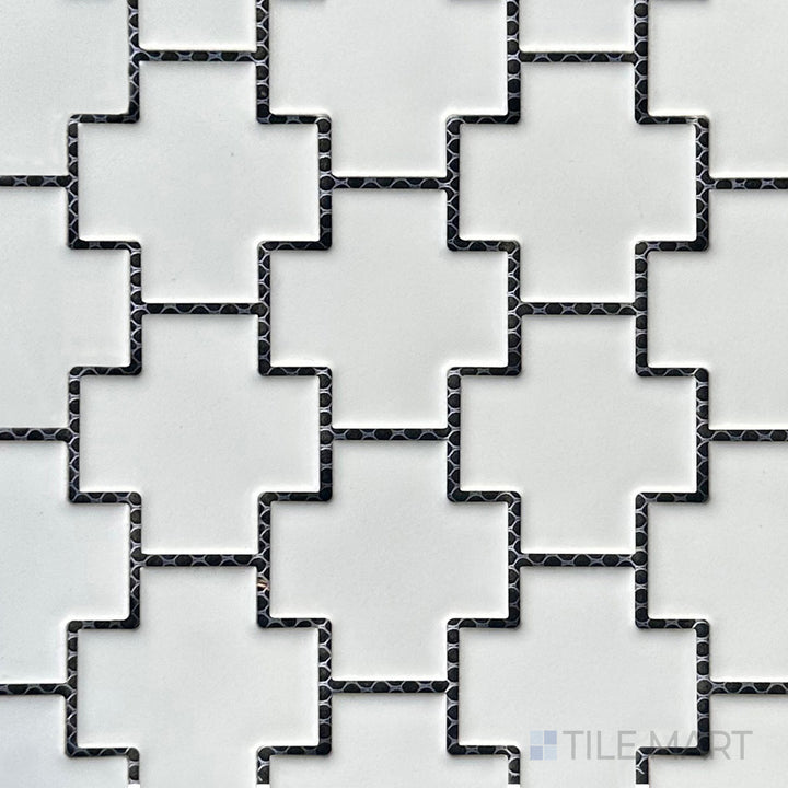 Top-down view of Porcelain Glazed Mosaics White Cross Matte, a white matte mosaic with a distinctive cross pattern, perfect for creating statement walls.