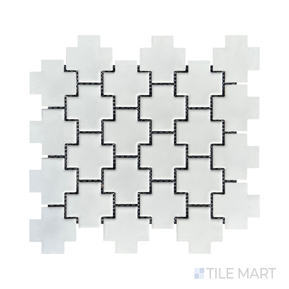 A classic white cross design with a smooth matte finish is highlighted in this macro shot of Porcelain Glazed Mosaics White Cross matte tile, enhancing its geometric appeal.