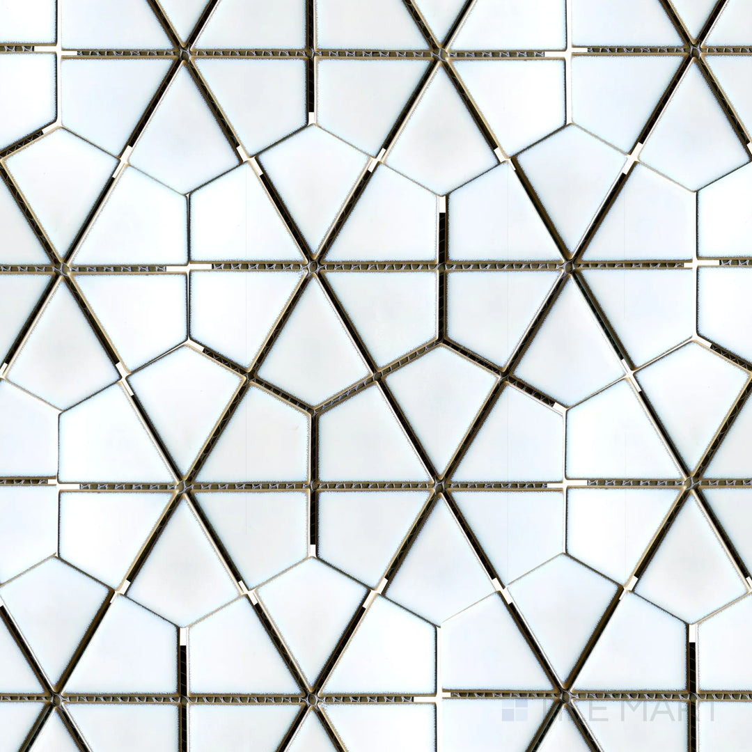 Flat-lay image of Porcelain Glazed Mosaics Aged White Kaleido Hex Matte, a hexagonal mosaic tile with a subtle aged effect, bringing vintage charm.