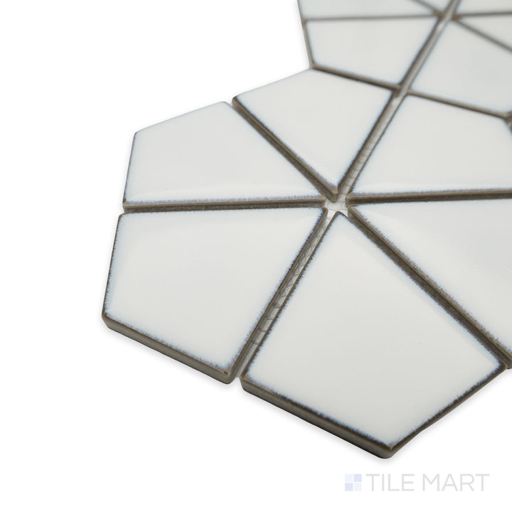 Angled view of Porcelain Glazed Mosaics Aged White Kaleido Hex Matte tile, highlighting its hexagonal layout, intricate detailing, and smooth matte finish meeting at a structured corner.