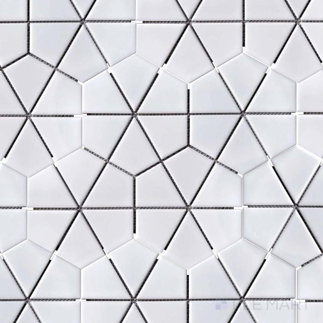Overhead shot of Porcelain Glazed Mosaics White Kaleido Hex Matte, a white hexagonal mosaic tile with a matte finish, offering a contemporary geometric appeal.
