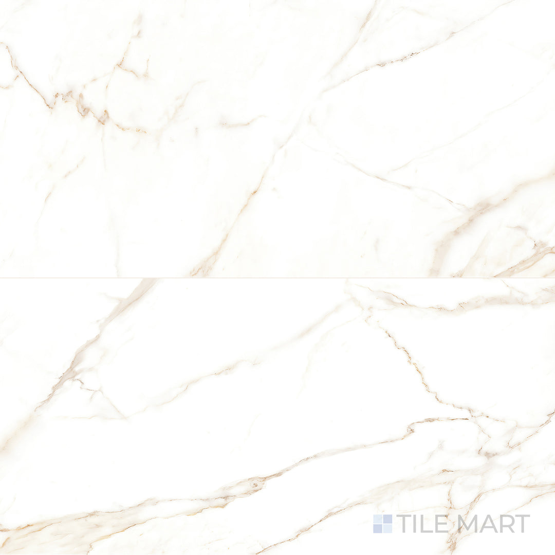 Overhead shot of Select White Calacatta Gold 24X48 Polished Porcelain, a luxurious white porcelain tile with striking Calacatta Gold veining and a polished sheen.