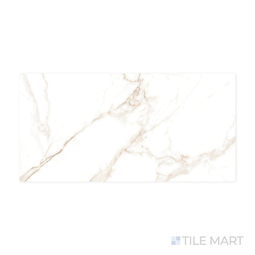 A detailed close-up of Select White Calacatta Gold 24x48 polished porcelain tile captures its striking gold veining against a luminous white background, mimicking luxurious marble.