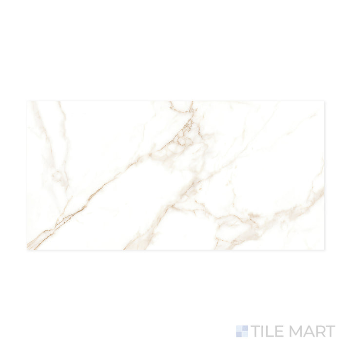 A detailed close-up of Select White Calacatta Gold 24x48 polished porcelain tile captures its striking gold veining against a luminous white background, mimicking luxurious marble.
