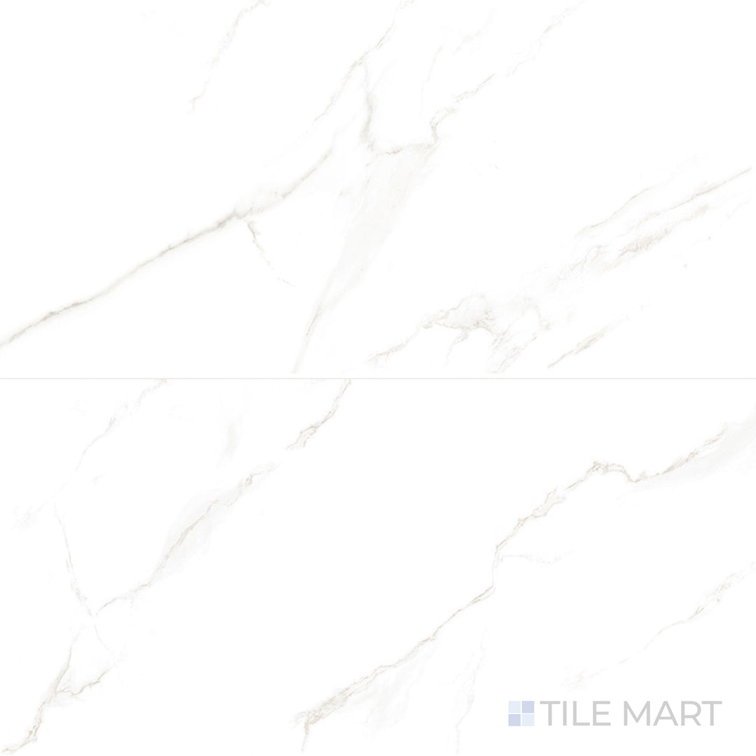 Flat-lay image of Select White Carrara Gray 24X48 Polished Porcelain, a marble-look porcelain tile with soft Carrara Gray veining and a glossy polished finish.