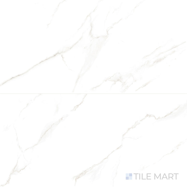 Flat-lay image of Select White Carrara Gray 24X48 Polished Porcelain, a marble-look porcelain tile with soft Carrara Gray veining and a glossy polished finish.