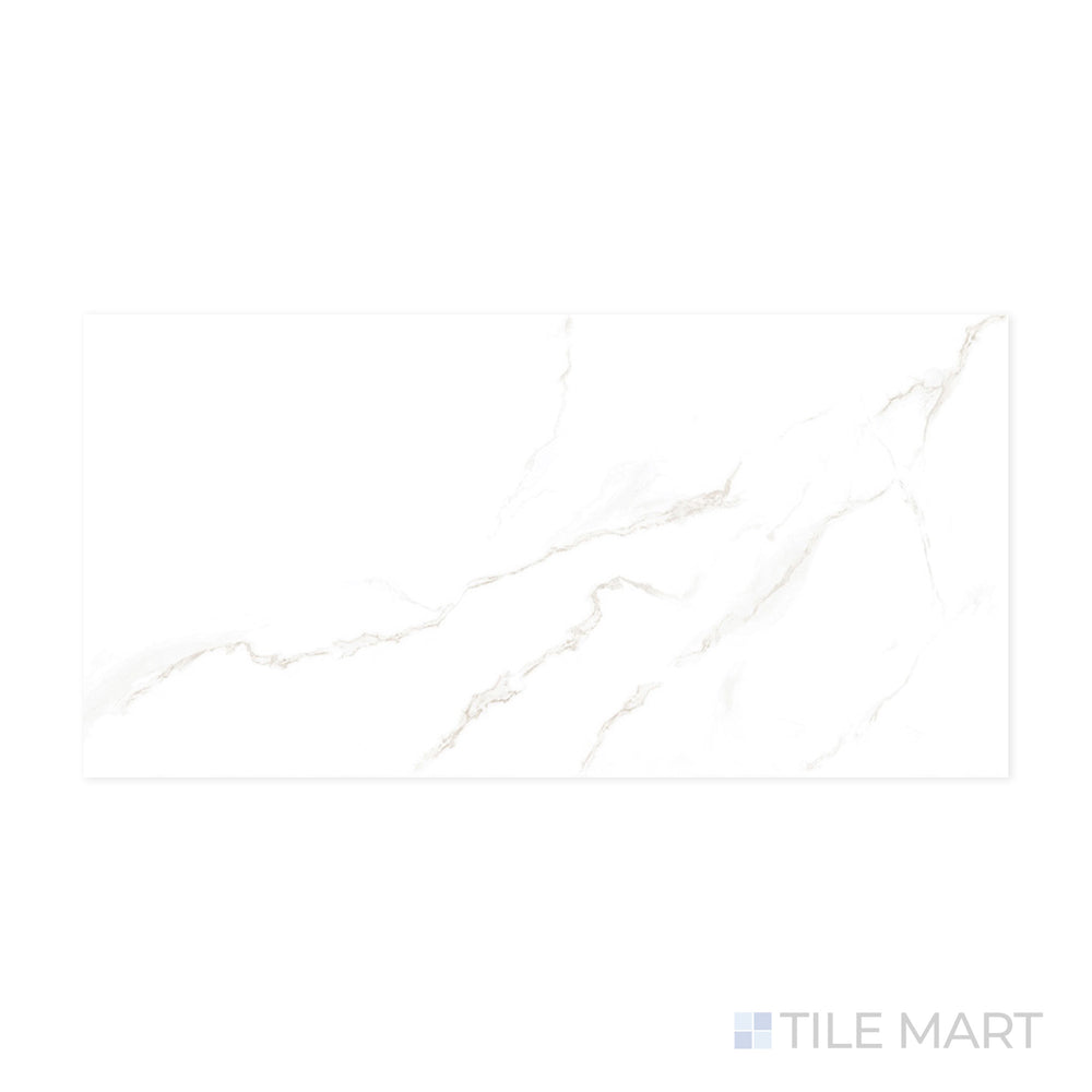 A polished white surface with soft gray veining is showcased in this close-up of Select White Carrara Gray 24x48 polished porcelain tile, highlighting its elegant marble-like aesthetic.