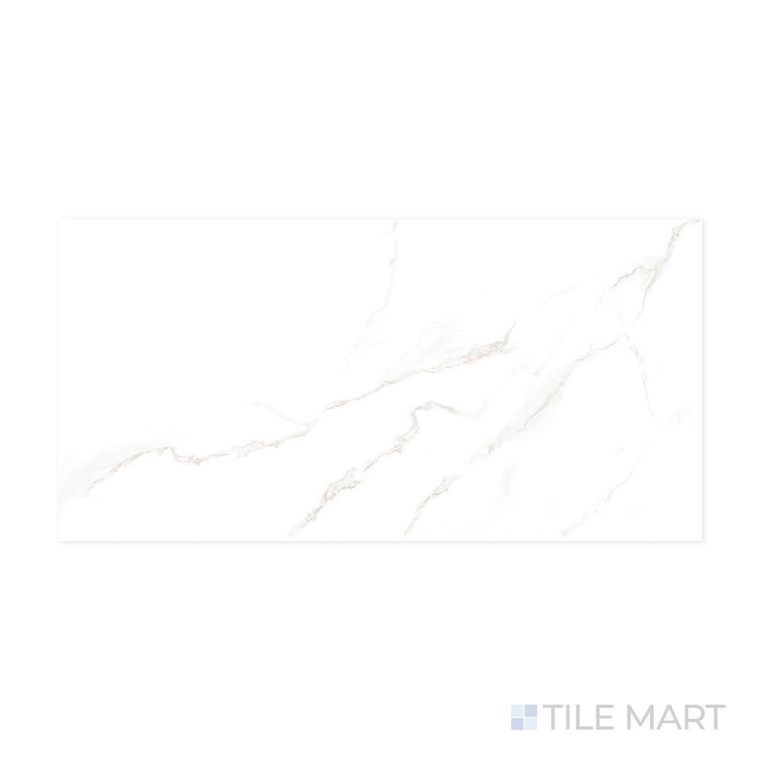 A polished white surface with soft gray veining is showcased in this close-up of Select White Carrara Gray 24x48 polished porcelain tile, highlighting its elegant marble-like aesthetic.