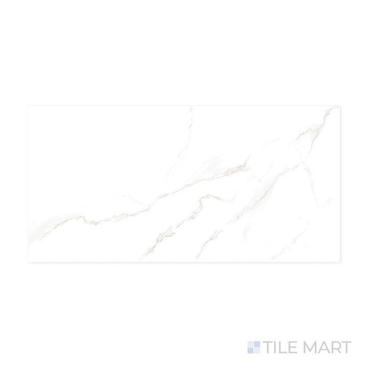 A polished white surface with soft gray veining is showcased in this close-up of Select White Carrara Gray 24x48 polished porcelain tile, highlighting its elegant marble-like aesthetic.