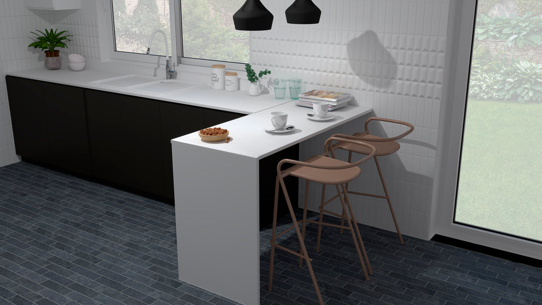 A bright and inviting space featuring Glenbrook Polar White 2X8 Matte Ceramic, creating a crisp and clean foundation that reflects natural light beautifully.