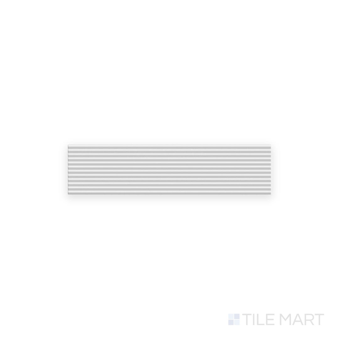 Top-down view of Glenbrook Polar White 2x8 stripes matte ceramic tile, featuring a crisp white tone with subtle linear striping and a smooth matte finish.